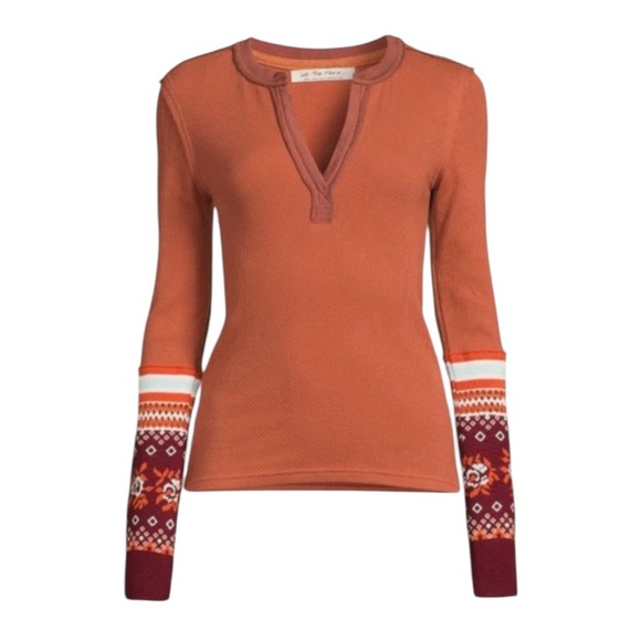 FREE PEOPLE Mikah Layering Cuff Waffle Knit Henley Thermal Top in autumn combo - Picture 2 of 9